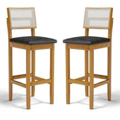 Imagem de Kit Com 2 Banqueta Aline Madeira Maciça Assento Estofado Encosto De Telinha Courino Preto 503