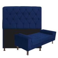 Imagem de Kit Cabeceira Lady e Recamier Félix 140 cm Casal Suede  Marinho - ADJ Decor