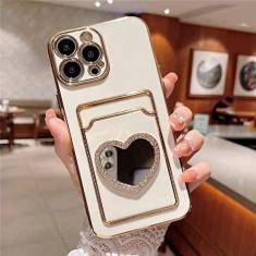 Imagem de Estojo para cartão carteira com brilho e strass Love Heart Mirror Plating para iPhone 14 13 11 12 Pro Max XS X XR 7 8 Plus SE Soft Slot Cover, branco, para iPhone 12Pro Max