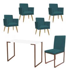 Imagem de Kit Escritório Stan 4 Poltronas Rodapé com Cadeira e Mesa Industrial Branco Bronze Suede Azul Turquesa - Ahz Móveis