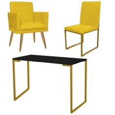 Imagem de Kit Escritório Stan Poltrona Rodapé com Cadeira e Mesa Industrial Preto Dourado Tecido Sintético Amarelo - Ahz Móveis