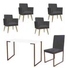 Imagem de Kit Escritório Stan 4 Poltronas Rodapé com Cadeira e Mesa Industrial Branco Bronze Corino Cinza - Ahz Móveis
