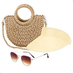 Imagem de Kit Bolsa de Palha Feminina + Viseira Solar e Óculos de Sol Verão Piscina Moda Praia (Bege+Marrom)