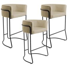 Imagem de Kit 03 Banquetas Decorativas Fixa Base de Aço Preto Betina D02 Linho Bege C-129 - Lyam Decor