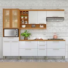 Imagem de Cozinha Completa Burguesa Premium 10 Portas 5 Gavetas com Vidro 100% Mdf Freijó/Branco - Nesher