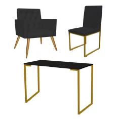 Imagem de Kit Escritório Stan Poltrona Capitonê com Cadeira e Mesa Industrial Preto Dourado Suede Preto - Ahz Móveis