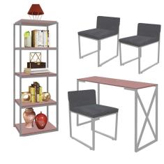 Imagem de Kit Escritório Bex 3 Cadeiras Suede Cinza com 1 Mesa e 1 Livreiro Ferro Cinza MDF Rose Rosa - Ahazzo Móveis