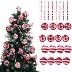 Imagem de Yerliker 24 peças de enfeites de Natal vermelhos e brancos, bolas de Natal fofas, galhos encaracolados, palitos de árvore de Natal para casa, guirlanda de Natal, guirlanda, vaso de mesa, decoração de