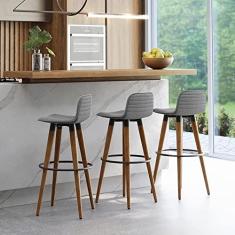 Imagem de KIT 3 BANQUETAS ALTAS LUXO VERSATIL AÇO PRETO LINHO CINZA BASE CARVALHO