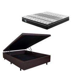 Imagem de Cama Box Baú Casal 138x188cm em Courino com Colchão GranSleep Molas Verticoil Ecoflex Marrom/Preto
