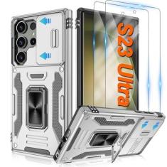 Imagem de ATUMP Capa para Samsung Galaxy S23 Ultra com [pacote com 2] protetor de tela HD e capa deslizante para câmera, anel de rotação de 360° com suporte [grau militar] capa protetora à prova de choque para