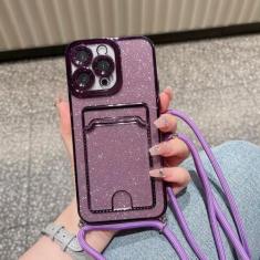 Imagem de Brilhante glitter chapeamento transparente cordão alça porta cartão capa carteira para iPhone 11 12 13 14 Pro XS Max XR 7 8 Plus capa, roxa, para iPhone XSMax