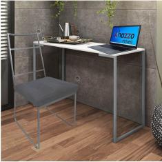 Imagem de Kit Escritório Stark Cadeira e Mesa Industrial Ferro Prata Tampo MDF Branco Corino Cinza - Ahz Móveis