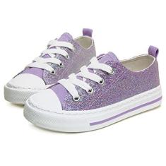 Imagem de Toandon Meninas Crianças Tênis Glitter Lantejoulas Sapatos de Lona Criança Criança Brilho Brilho Baixo Superior Rendas Até Antiderrapante Leve Caminhada Ao Ar Livre Roxo Tamanho 11