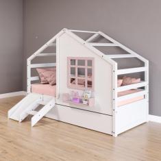 Imagem de Bicama Casinha Com Janela E Escada-escorregador Madeira Maciça Branco- Rosa Housin