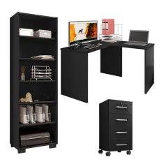 Imagem de Mesa para computador com Extensora e Gaveteiro Gávea com Chave 4 Gavetas e Livreiro Office Preto Fosco - Móveis Leão