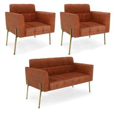 Imagem de Sofá Namoradeira E 2 Poltronas Pé De Ferro Dourado Elisa Corano Nozes D03 - D'rossi