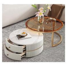 Imagem de Mesas de canto mesa de centro redonda de 60 cm, conjunto de 2 mesas de canto modernas com mesa de mármore sintético e moldura de metal resistente, com gavetas de armazenamento, mesa de chá lateral para sala de estar, apartamento, escritório
