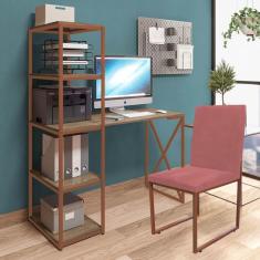 Imagem de Kit Escritório Mesa Max BeX 5 Prateleiras e Cadeira Stan Bronze Tampo Madeira Suede Rose Gold - Ahz Móveis