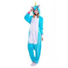Imagem de Fantasia Macacão de Unicórnio Kigurumi Adulto Azul e Branco Com Gorro