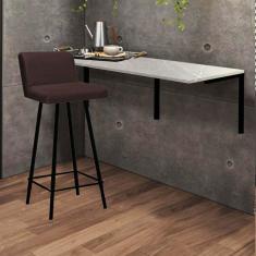 Imagem de Kit Mesa Suspensa de Parede Fixa MDF Marmorizado + 1 Banqueta Lexi Ferro Preto Sintético Marrom - Ahazzo Móveis