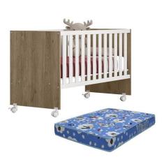 Imagem de Berço Doce Sonho Reto Carvalho/Branco com Rodízios e Colchão Baby Phys