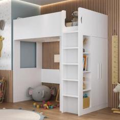 Imagem de Cama Alta Infantil/juvenil com Armário e Nichos Casatema Branco