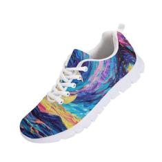 Imagem de GOSTONG Tênis feminino de malha respirável para corrida de estrada, antiderrapante, para uso ao ar livre, tênis, academia, tênis de caminhada, 34-46, Pintura a óleo pôr do sol, 41