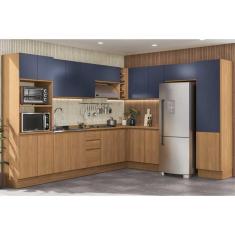 Imagem de Cozinha Modulada Completa Ciela 14 Peças (5Aéreos+4Balcões+2Paneleiros+3Complementos) C14P80 Canela/Azul Profundo - Kappesberg