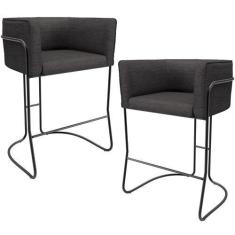 Imagem de Kit 02 Banquetas Baixa Base de Aço Preto Betina D02 Linho Cinza Escuro