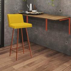Imagem de Kit Mesa Suspensa de Parede Fixa MDF Carvalho + 1 Banqueta Lexi Ferro Bronze Corino Amarelo - Ahazzo Móveis