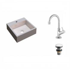 Imagem de Kit Cuba Q395 Com Torneira 1198 Metal E Válvula Click 1 Pol. Meia Compace Bege