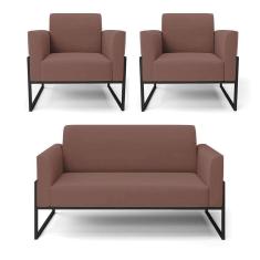 Imagem de Sofá Namoradeira com 2 Poltronas Base Industrial Alta Preto Marisa Veludo Rosê D03 - D`Rossi