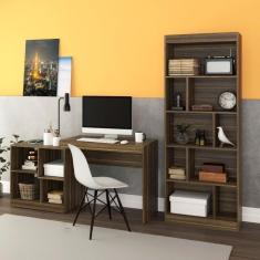Imagem de Conjunto Home Office Escrivaninha 4 Nichos Estante Livreiro 4 Prateleiras DJD Castanho DJD Móveis Castanho