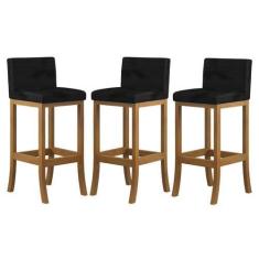 Imagem de Kit 3 Banquetas Alta Encosto Estofado 38x100 Cm Ilha Espanha Madeira M