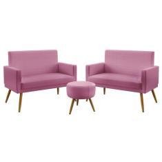 Imagem de Kit 2 Poltronas Namoradeiras Decorativas Estofadas Nina Com Rodapé Puff Solar Sued Rosê Aradecor