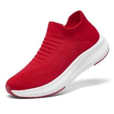 Imagem de SHULOOK Tênis de corrida feminino, sem cadarço, confortável, leve, respirável, malha antiderrapante, casual, moderno, tênis de corrida, Vermelho, 36