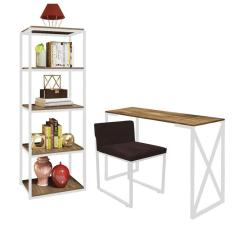 Imagem de Kit Escritório Bex 1 Cadeira Suede Marrom com 1 Mesa e 1 Livreiro Ferro Branco MDF Carvalho - Ahazzo Móveis