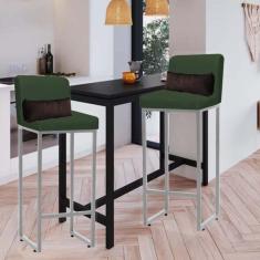 Imagem de Kit 02 Banqueta Alta com Encosto Lucca Industrial Cozinha Balcão Ferro Prata Suede Verde e Almofada Marrom - Ahazzo Móveis