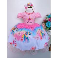 Imagem de Vestido infantil temático unicórnio rosa luxo e c/ tiara - FANTASIAS, 