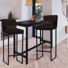 Imagem de Kit 02 Banqueta Alta com Encosto Lucca Industrial Cozinha Balcão Ferro Preto Sintético Marrom e Almofada Marrom - Ahazzo Móveis