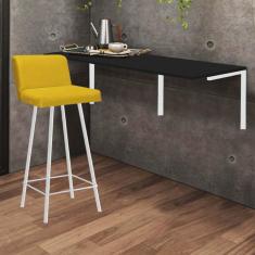Imagem de Kit Mesa Suspensa de Parede Fixa MDF Preto + 1 Banqueta Lexi Ferro Branco Corino Amarelo - Ahazzo Móveis