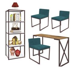 Imagem de Kit Escritório Bex 3 Cadeiras Suede Azul Turquesa com 1 Mesa e 1 Livreiro Ferro Marrom MDF Freijó - Ahazzo Móveis