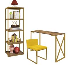 Imagem de Kit Escritório Bex 1 Cadeira Sintético Amarelo com 1 Mesa e 1 Livreiro Ferro Dourado MDF Caramelo - Ahazzo Móveis