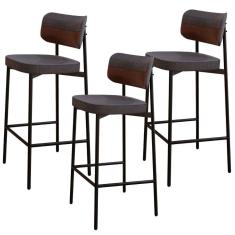 Imagem de Kit 03 Banquetas Alta Bar Cozinha Sala De Jantar Aço Preto Kaira C01 Linho Preto Courino Whisky - Lyam Decor