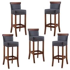 Imagem de Kit 5 Banquetas Alta com Encosto Estofada 36x100 Cm Diamantina Madeira Maciça Linho Cinza L67 - RMI