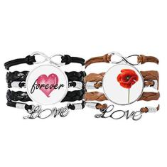 Imagem de DIYthinker Pulseira de milho Simplicity com estampa de flor vermelha, pulseira de mão, corda de couro para sempre, conjunto duplo