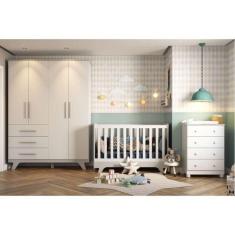 Imagem de Quarto de Bebê Completo com Guarda Roupa 4 Portas 3 Gavetas Cômoda e Berço Retrô Móveis Peroba Branco Brilho/Cinza