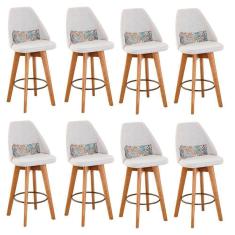 Imagem de Kit 08 Banquetas Alta Maya Giratória Com Encosto Linho Bege Claro e Almofada Folhas - Aurora Line