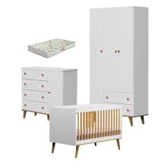 Imagem de Quarto De Bebê 3 Portas Fernanda Com Berço Ligia Branco Acetinado Bétula E Colchão Gazin Baby